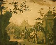 Jean-Baptiste Pillement A Chinoiserie Procession of Figures Riding on Elephants with Temples Beyond oil painting picture wholesale